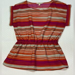 Banana Republic Striped Blouson Blouse Elastic Waist Pink Orange Small